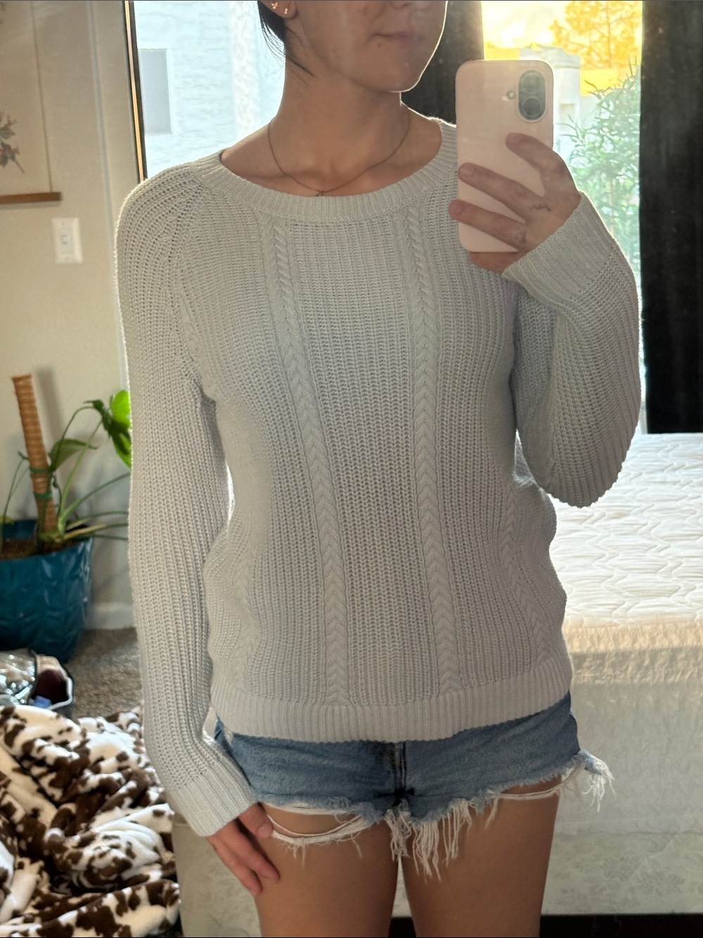 Christopher & Banks Light Gray Cable-Knit Crewneck Sweater